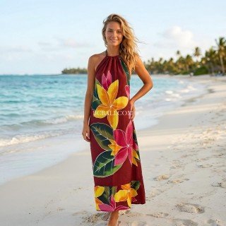 Summer Halter Dress Rayon Hand Painted Floral Design
